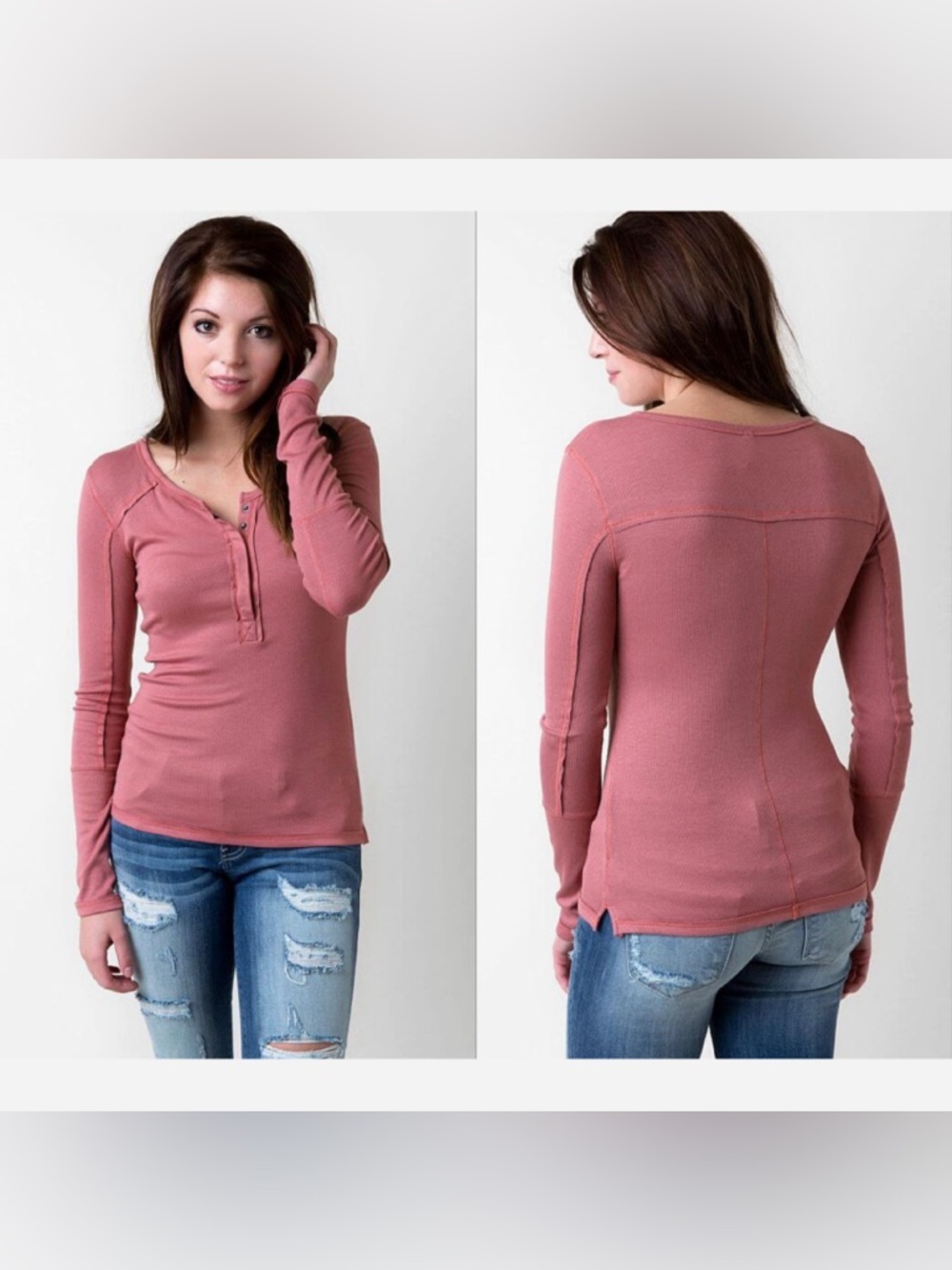 we the free people ribbed pink henley long sleeve shirt